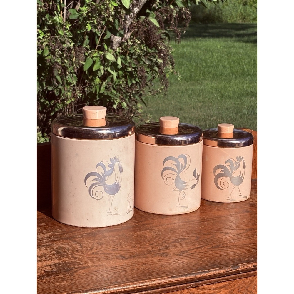 Vintage Set Of 3 Ransburg  Indianapolis Metal Canisters Rooster Pink Copper Nest